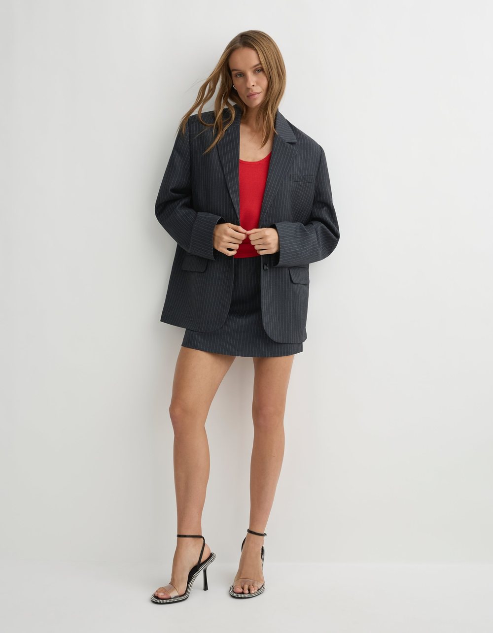 The Ridge Blazer in grey stripe, a relaxed pinstripe blazer.